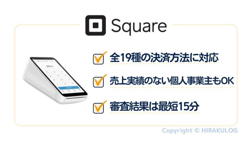 Square(スクエア)の特徴。「全19種の決済方法に対応」「売上実績のない個人事業主もOK」「審査結果は最短15分」