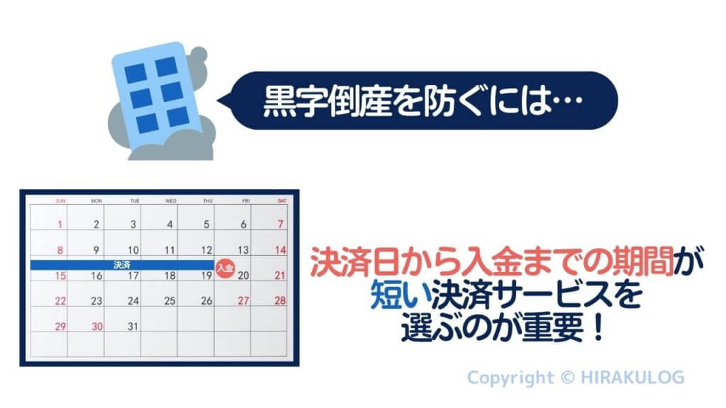 「黒字倒産」といった最悪の事態を避けるには、決済日から入金までの期間が短い決済サービスを選ぶことが重要です。