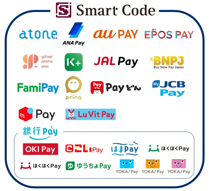 atone、ANA Pay、auPAY、EPOS PAY、ギフティプレモPlus、銀行Pay*2（OKI Pay、こいPay、はまPay、ほくほくPay、ゆうちょPay、YOKA!Pay）、K PLUS、JAL Pay、Buy Now Pay Japan、FamiPay、pring、Payどん、My JCB Pay、メルペイ、Lu Vit Pay