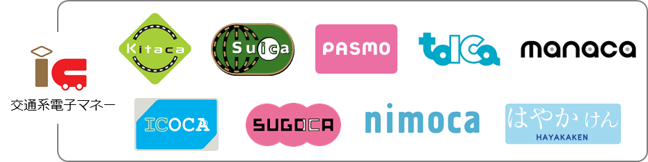 Kitaca（キタカ）、Suica（スイカ）、TOICA（トイカ）、PASMO（パスモ）、manaca（マナカ）、ICOCA（イコカ）、nimoca（ニモカ）、SUGOCA（スゴカ）、はやかけん