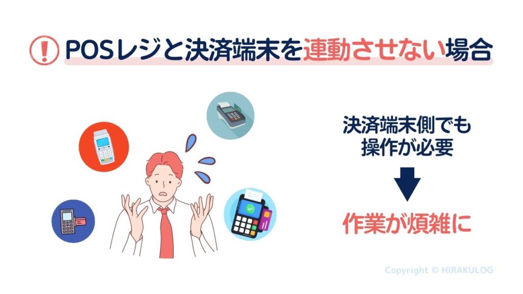 POSレジと決済端末を連動させない場合、決済端末側でも操作が必要になるため、決済端末が多ければ多いほど、作業が煩雑になってしまいます。