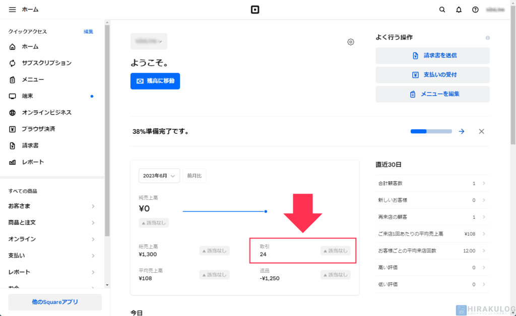 【既に引き落とし済みの支払いの返金方法】Squareデータのトップ画面上にある「取引」をクリック