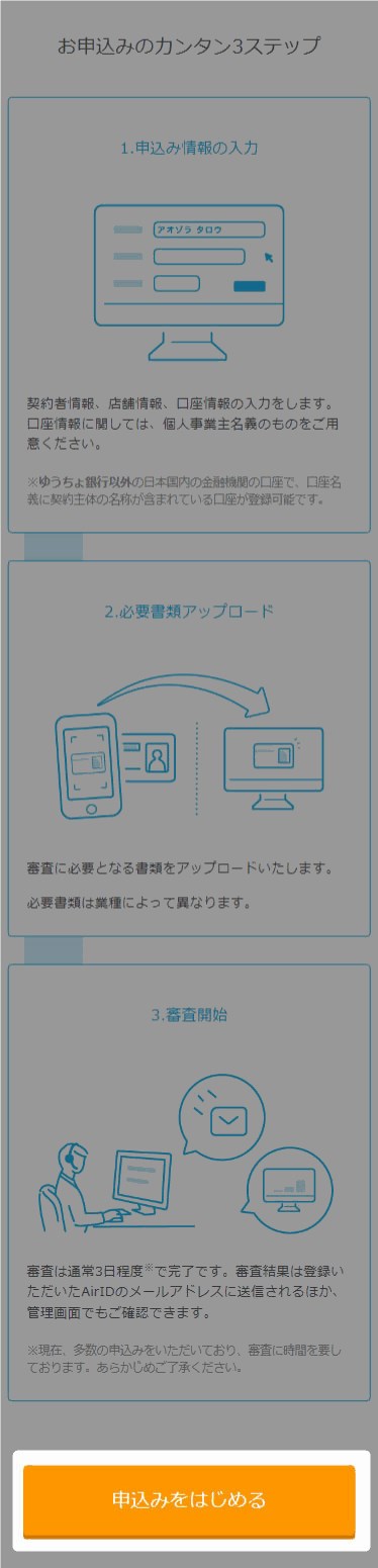 申込みに関する説明が表示されるので、確認したら「申込みをはじめる」をタップ