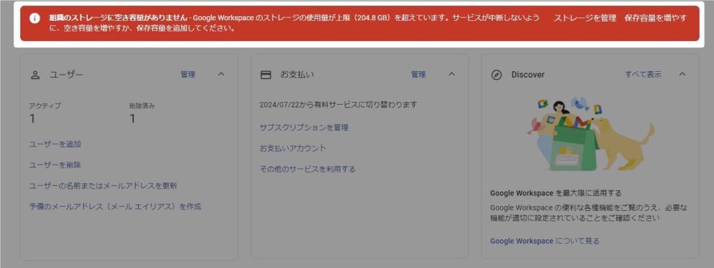 Google Workspace管理画面に表示される容量上限に関するアナウンス