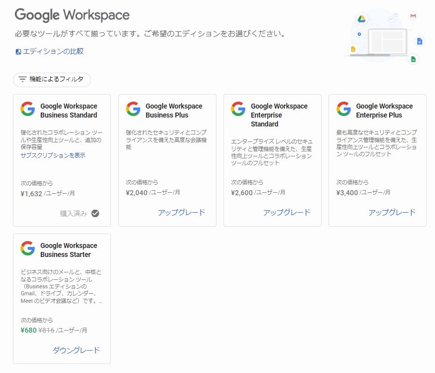 Google Workspace管理画面のプラン変更画面