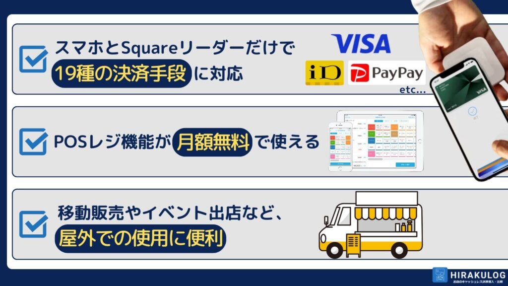 squareリーダーとスマホだけで全19種のキャッシュレス決済に対応でき、月額無料のPOSレジが使えます。場所を取らず持ち運びも簡単なため、店舗利用はもちろん、移動販売やイベント出店など、屋外での使用にも大変便利です。