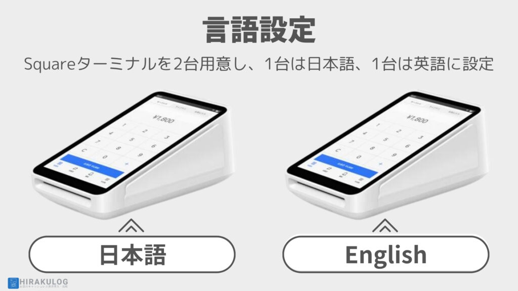 Squareターミナルを2台用意し、1台は日本語、1台は英語に設定しておくといった運用が可能