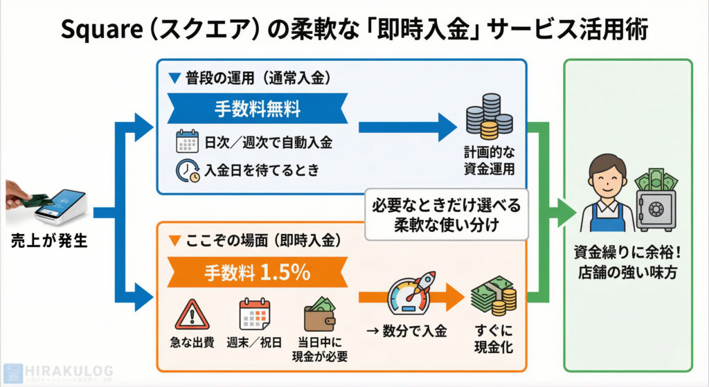 Square（スクエア）の入金サービスを図解したインフォグラフィック。「売上が発生」した後、「普段の運用（通常入金）」と「ここぞの場面（即時入金）」の2つのルートに分岐。「通常入金」は手数料無料で、日次・週次の自動入金に対応し、計画的な資金運用に適している。「即時入金」は手数料1.5%で、急な出費や週末・祝日など当日中に現金が必要な時に、数分で入金されすぐに現金化できる。これらを状況に応じて柔軟に使い分けることで、「資金繰りに余裕ができ、店舗の強い味方となる」というメリットが示されている。