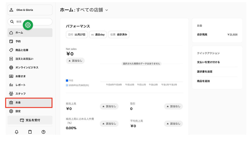 Square管理画面のホーム画面。左側メニューの「お金」が選択されている状態。
