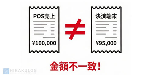 POS売上(10万円)と決済端末の集計(9万5千円)が一致せず、レジ締め時に金額不一致が発生している様子を示すイラスト。