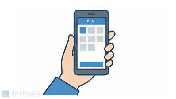 手に持ったスマートフォン(ハンディ型POSレジ)のイラスト。画面には注文入力用アプリのインターフェースが表示されており、持ち運びながら操作している様子。