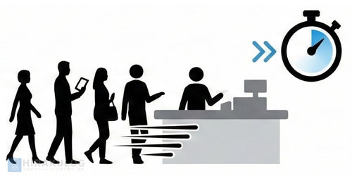 会計がスムーズに進むことでレジ待ちの行列が解消され、店舗の回転率が向上する様子を描いたイラスト。