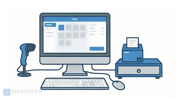デスクトップパソコンを利用したPOSレジのイラスト。モニターにPOS画面が表示され、キーボード、マウスのほか、バーコードリーダー、レシートプリンター、キャッシュドロアが接続されている。