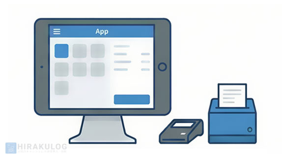 タンドに設置されたタブレット型POSレジのイラスト。タブレット画面には注文アプリが表示され、隣にはレシートプリンターと小型決済端末が配置されている。