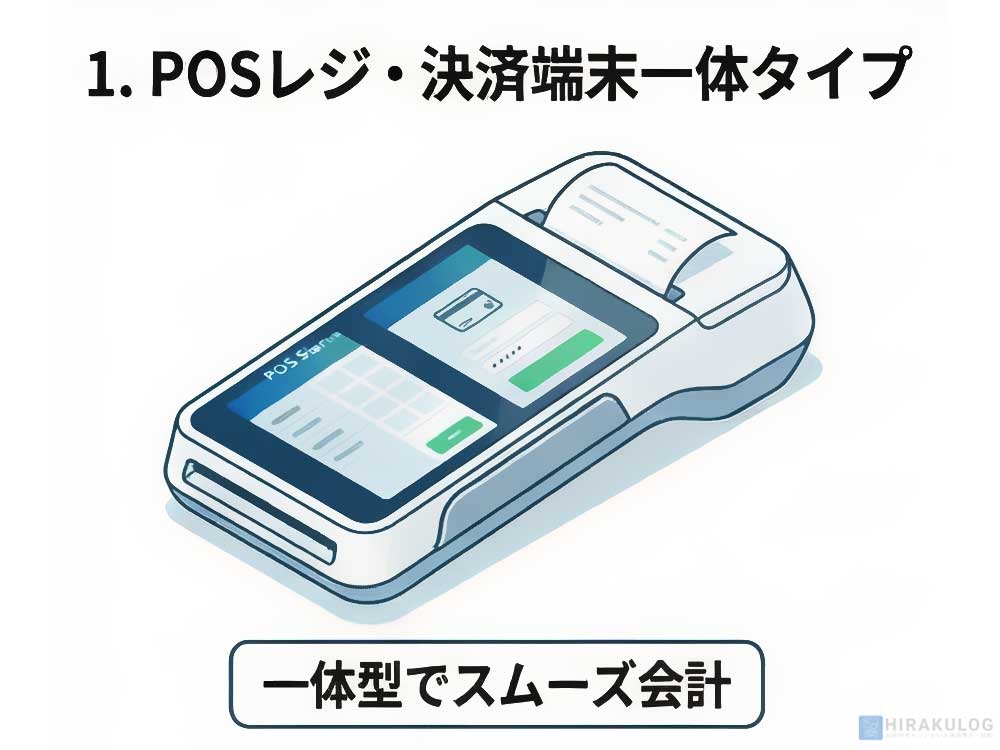 POSレジ・決済端末一体タイプ: イラスト。POSレジ機能と決済機能が一つになった白いオールインワン型端末。タッチ画面には販売情報と決済画面が同時に表示されている。レシートプリンター、磁気カードリーダー、ICカードスロットがすべて本体に統合されている。