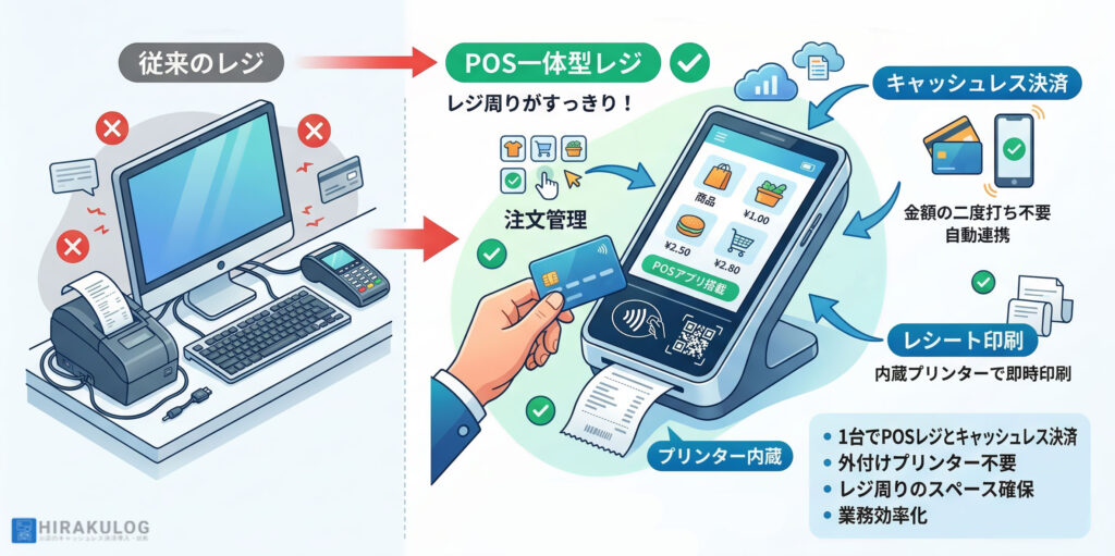 従来の煩雑なレジ環境から「POS一体型レジ」への移行とそのメリットを示すイラスト。一体型端末は、1台でPOSアプリによる注文管理、二度打ち不要のキャッシュレス決済、内蔵プリンターによるレシート印刷が完結します。外付け機器が不要になることでレジ周りが省スペース化され、業務効率化につながることが描かれています。